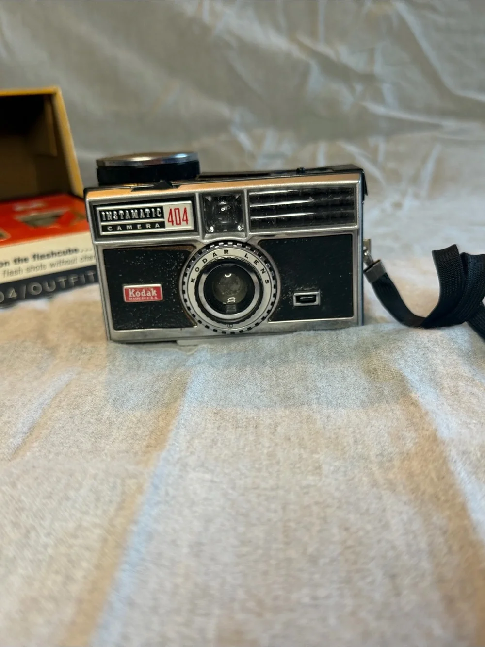 Kodak Instamatic 404 Camera in Silver and Black with Yellow Box